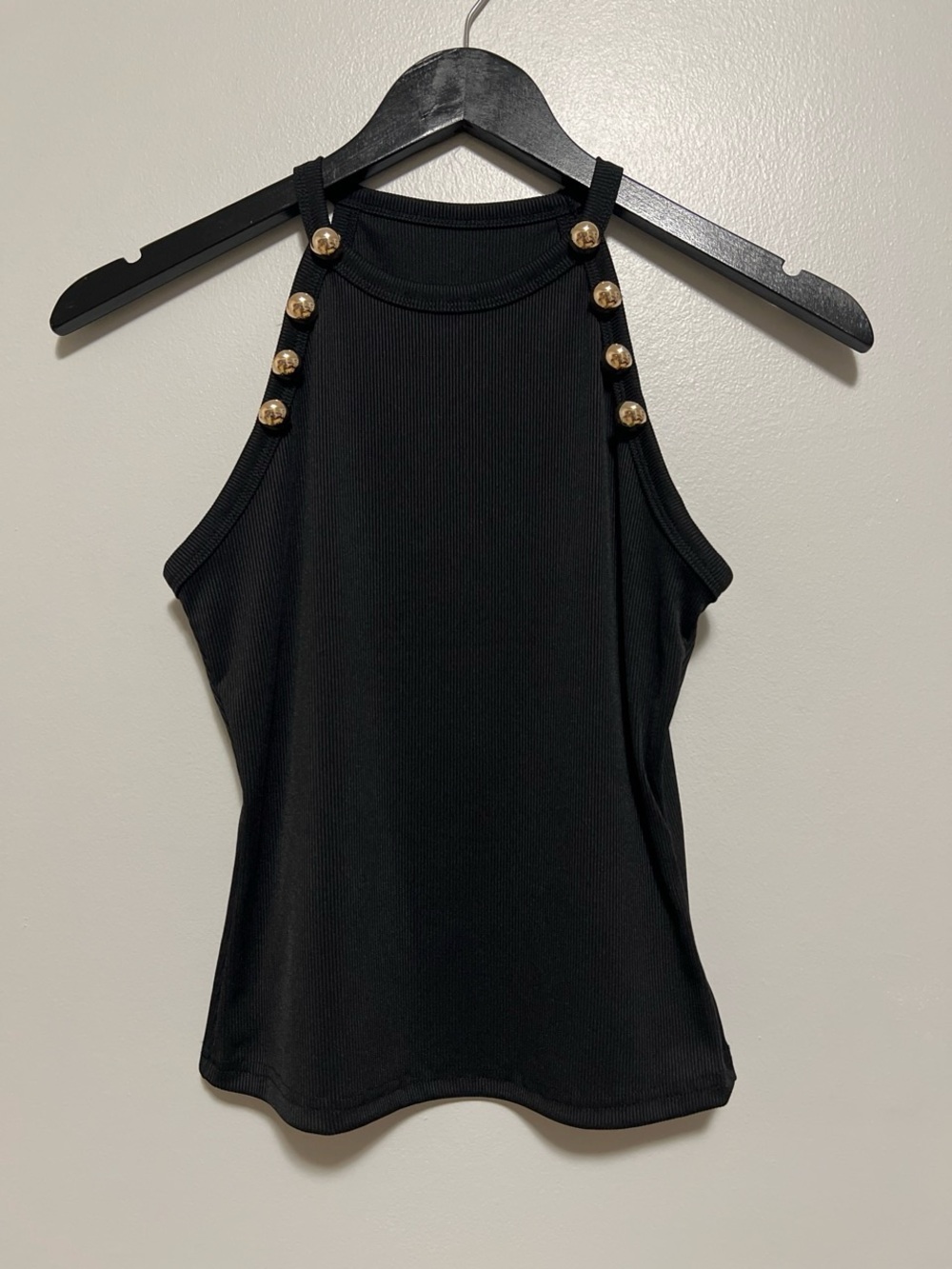 Black Ribbed Halter Tank Top with Gold Buttons S